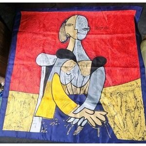 Vintage PICASSO Silk Scarf Signed Large Square 33.5" x 35" Woman‎ Face Shawl Red